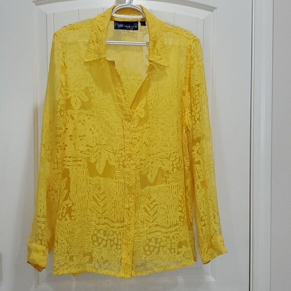 Susan Graver Button Up Shirt Womens Size M Yellow Floral, Sheer Long Sleeve, Lar - Picture 1 of 5